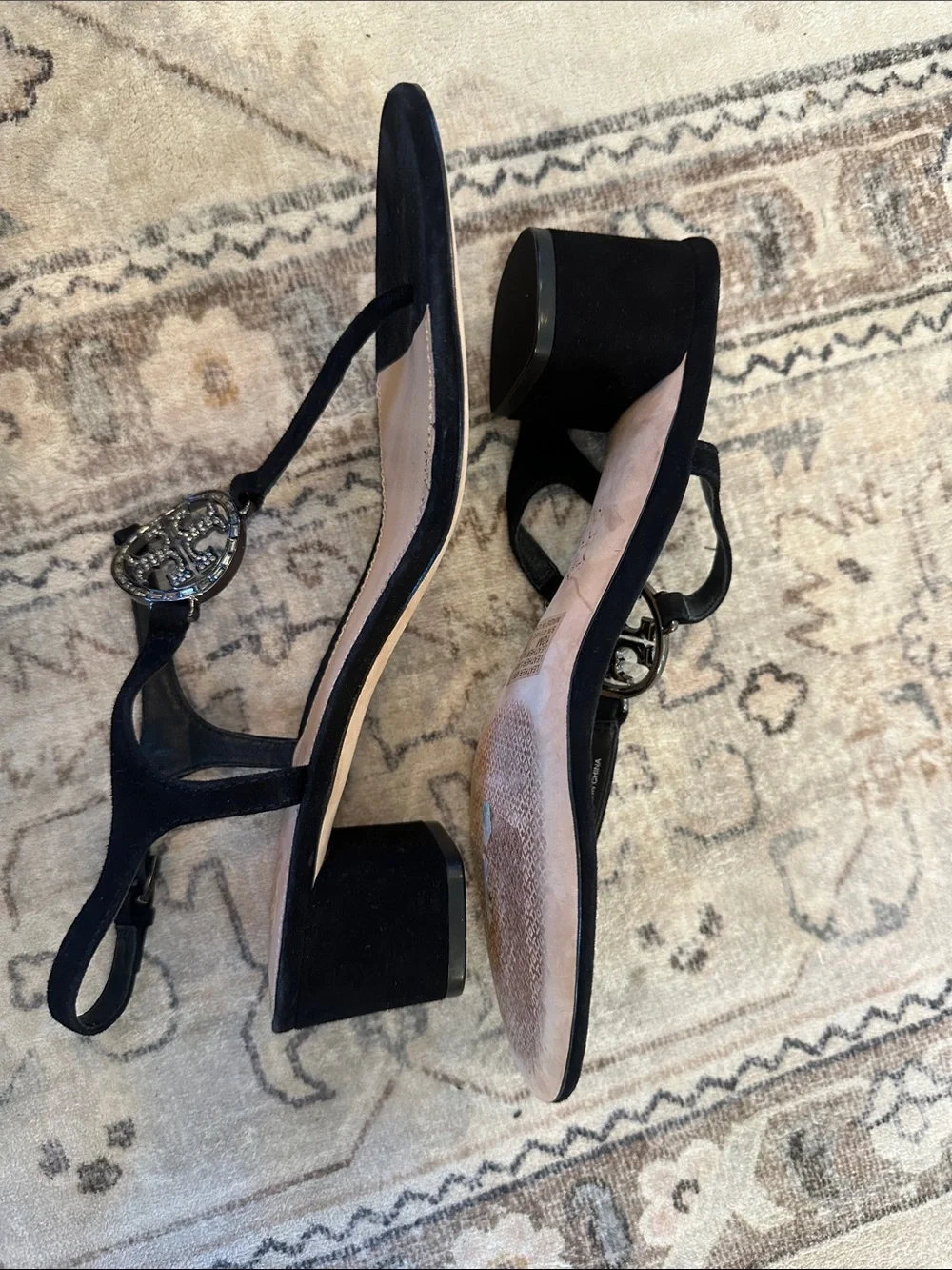 Tory Burch Black Medallion Rhinestone Strappy Sandals Black Suede size 10M